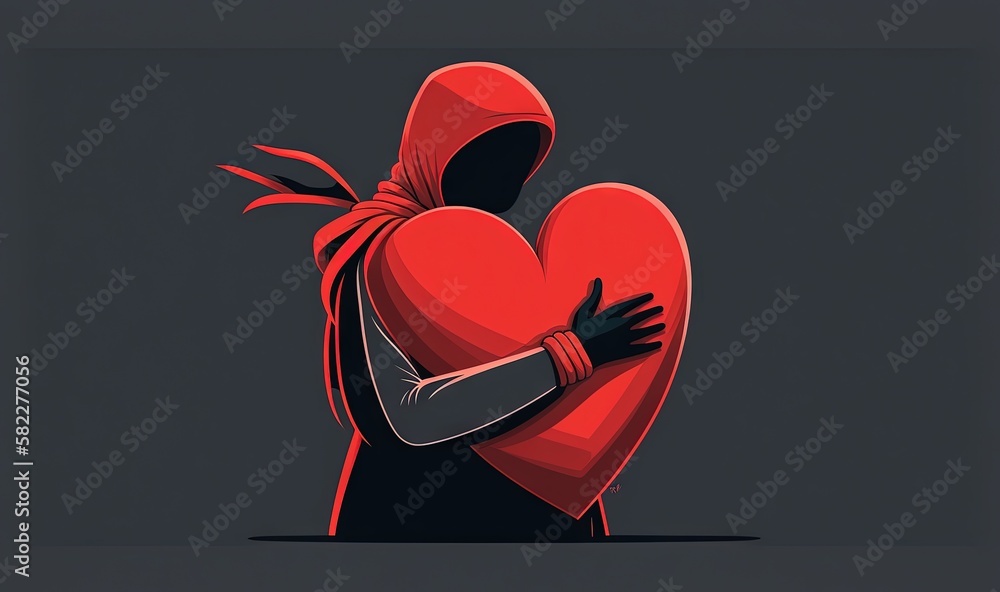  a person in a hoodie holding a heart shaped object in their hands, with a black back ground and a g