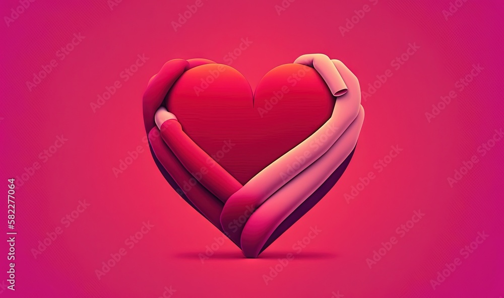  a red heart with two hands holding it in the shape of a heart on a pink and pink background with a 