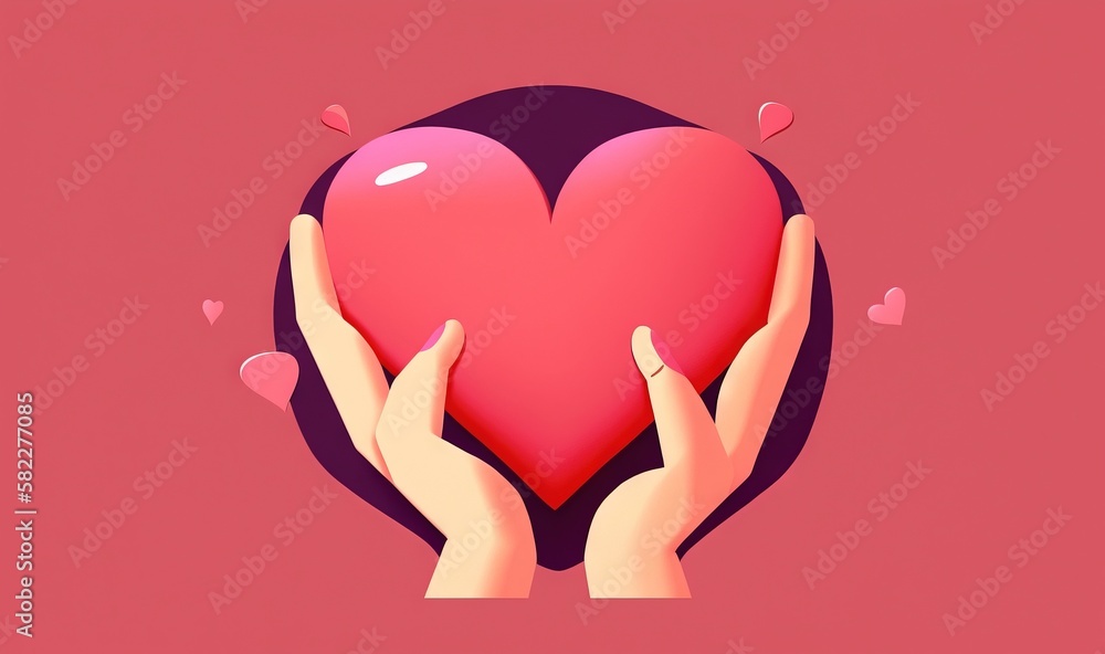  two hands holding a heart with hearts around it on a pink background with the words love written on