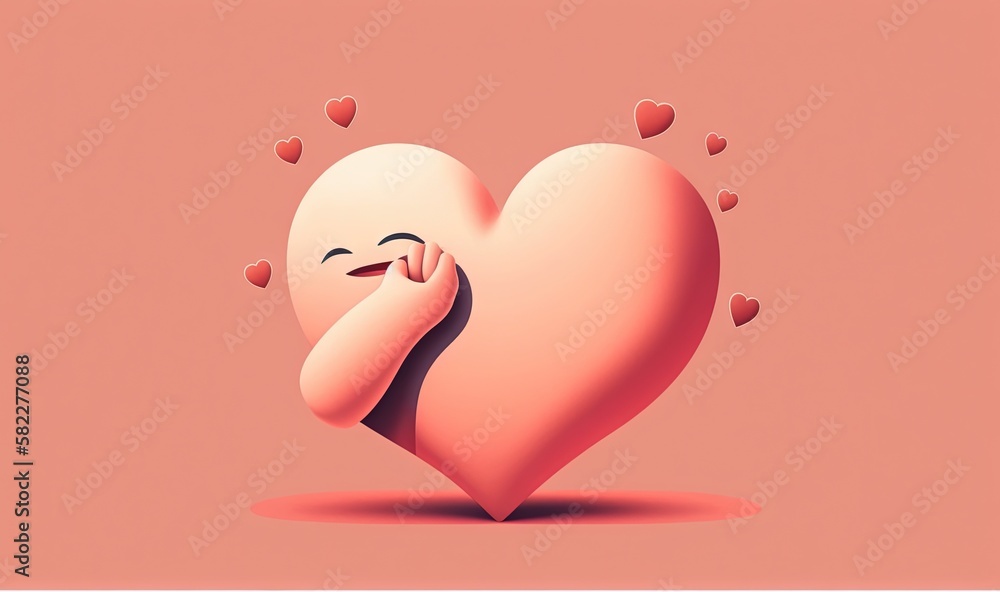  a pink heart with a face and a hand on the side of it, with hearts coming out of it, and a pink bac