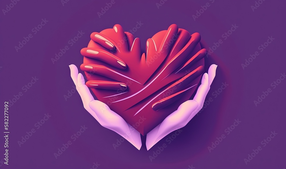  two hands holding a heart shaped object on a purple background with a pink and purple background an