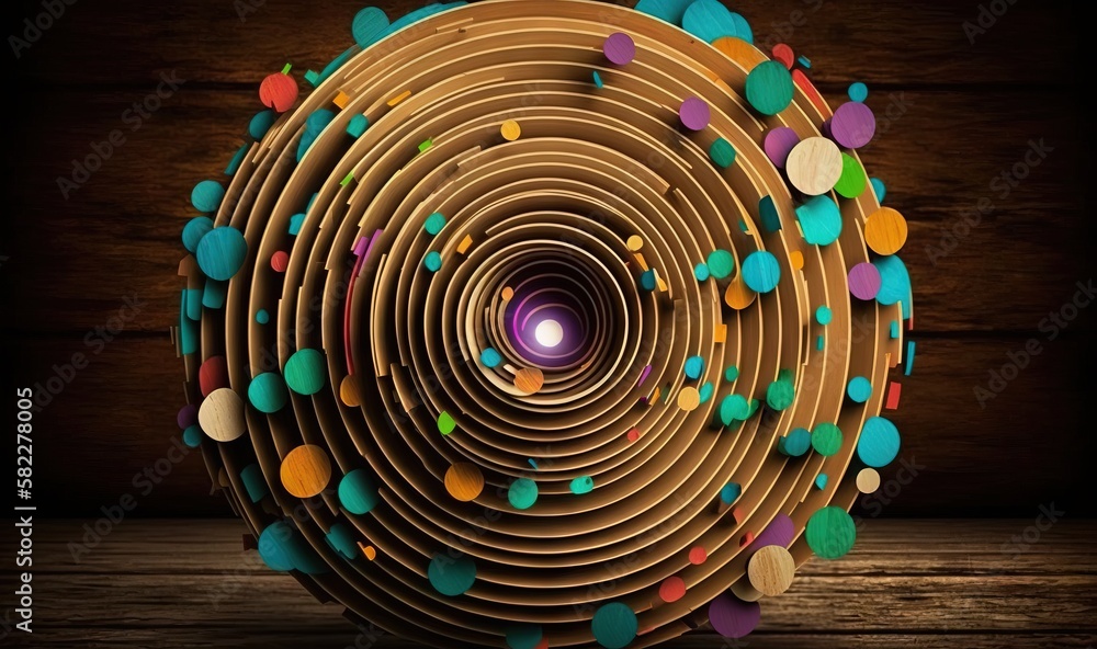  a wooden table topped with lots of paper circles and a purple light in the middle of the center of 