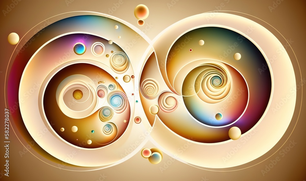  a computer generated image of an abstract design with circles and bubbles on a brown background wit