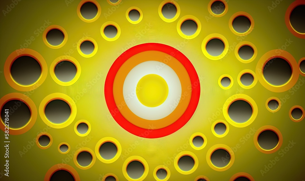  a picture of a yellow and red circle with circles around it on a yellow background with black circl