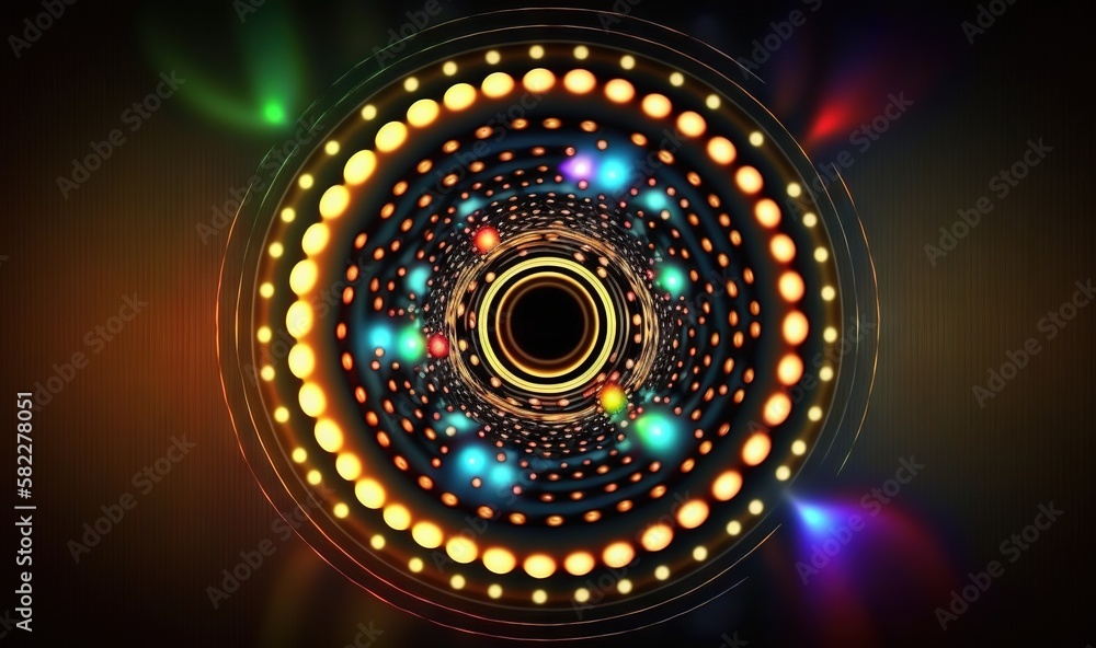  a colorful circular object with lights in the middle of it and a black background with a yellow cir