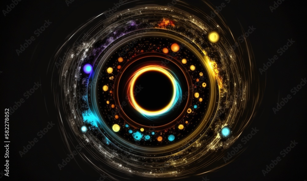  an abstract image of a black hole with a circle of colorful lights in the center of it, with a blac