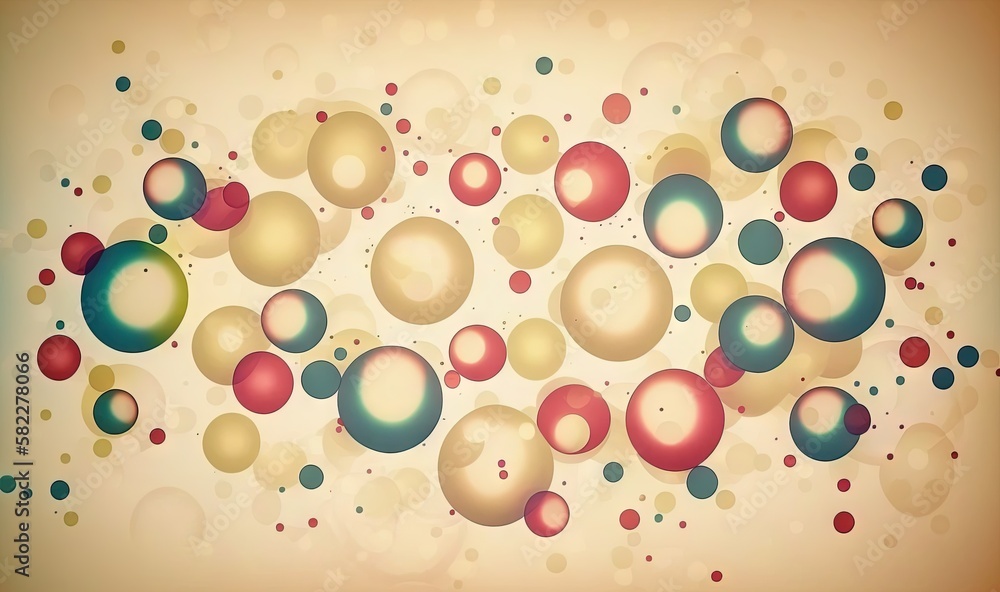  a bunch of bubbles floating in the air on a beige background with a red, green, and blue dot patter