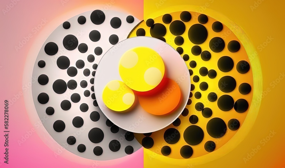  a white plate with black dots on it and a yellow plate with black dots on it on a pink and yellow b