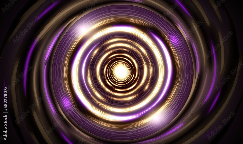  an abstract image of a purple and yellow circular object with a light at the end of the center of t