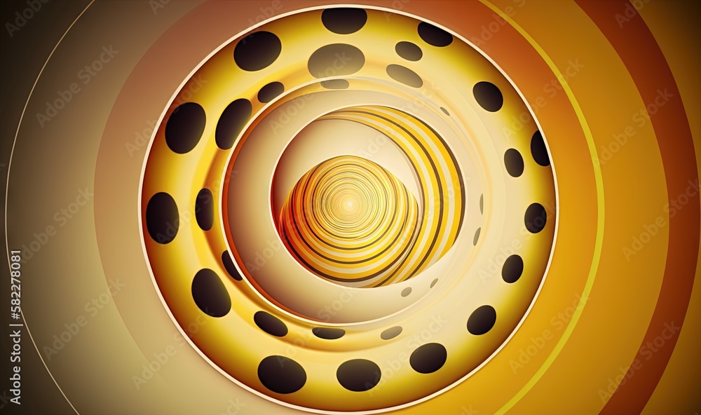  a yellow and black circular object with dots on the center of it and a black dot on the center of t