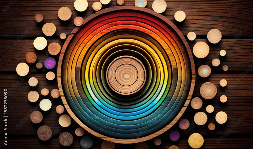  a colorful circle with many circles around it on a wooden surface with a wooden background with cir