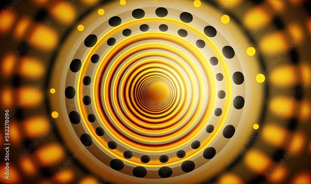  a computer generated image of a yellow and black circular object with dots and circles in the cente