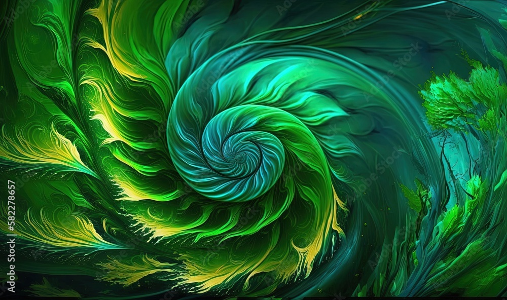  a computer generated image of green and yellow swirls and leaves on a black background, with a gree