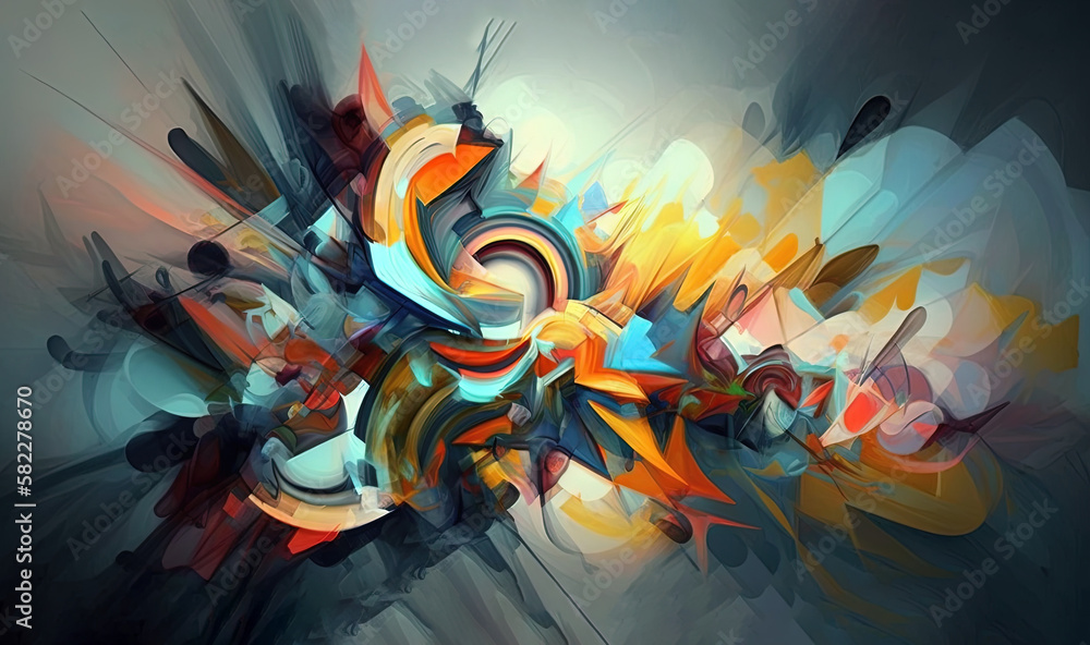  an abstract painting with many different colors and shapes on a gray background with a black backgr