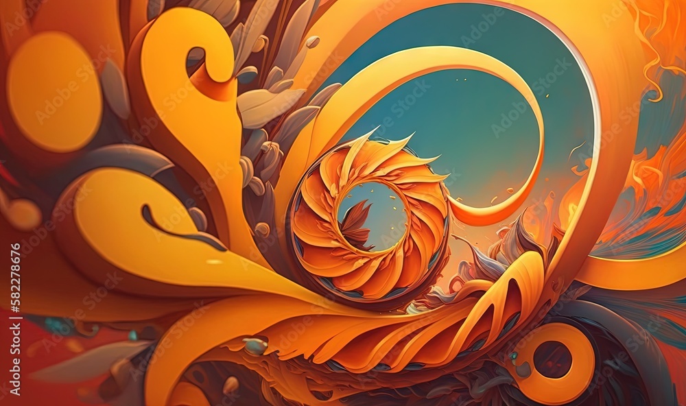  a painting of an orange and blue swirl on a red and yellow background with a blue sky in the backgr