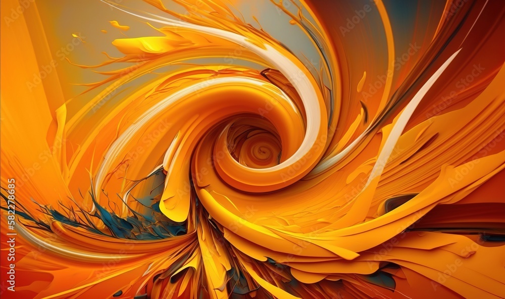  an abstract painting of yellow and orange colors with a black background and a white and yellow swi