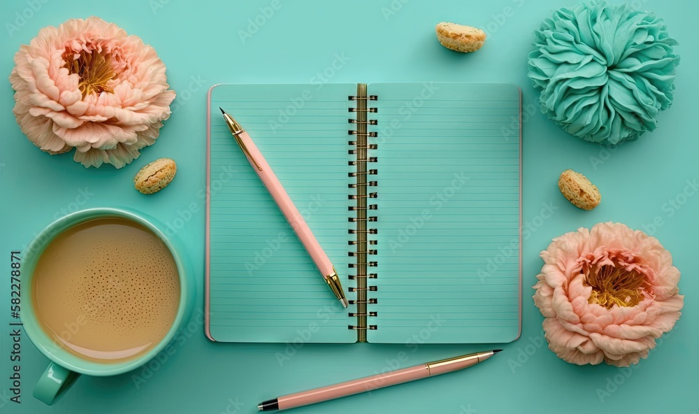  a cup of coffee and a notebook on a blue surface with flowers and macaroni shells on the side of th