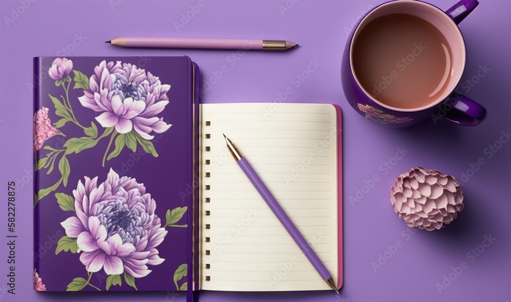  a notebook with a flower pattern and a pen on a purple surface next to a cup of coffee and a purple