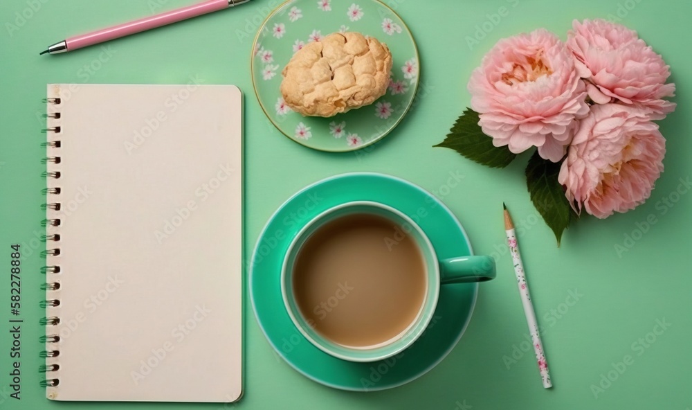  a cup of coffee, a plate of cookies and a notebook on a green surface with pink flowers and a pen a