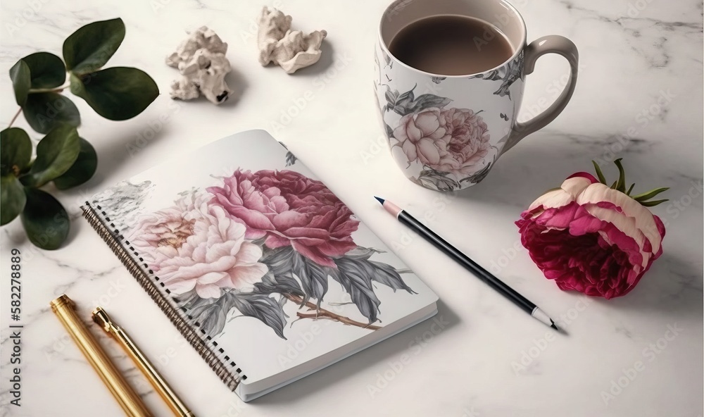  a coffee cup, pen, and notebook on a marble table with flowers and leaves on it and a gold pen and 