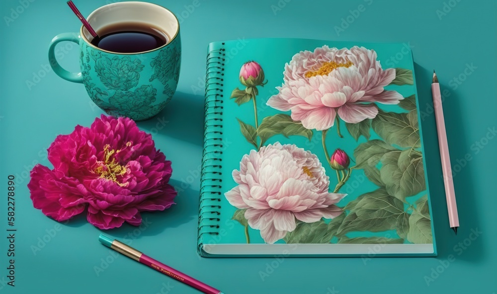  a cup of coffee and a notebook with a flower on a blue background with a pink flower next to it and