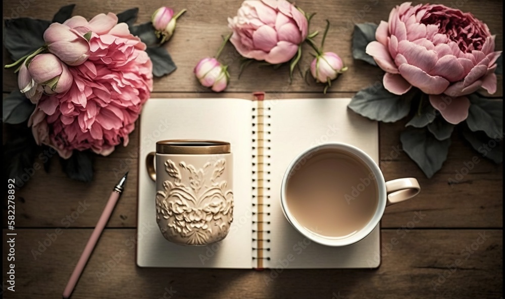  a cup of coffee next to a notebook and flowers on a wooden table with a pen and a notebook with a n