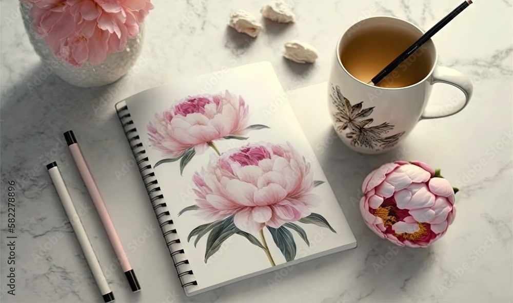  a cup of coffee and a notebook on a marble table with a flower and a flower pot next to it with a p