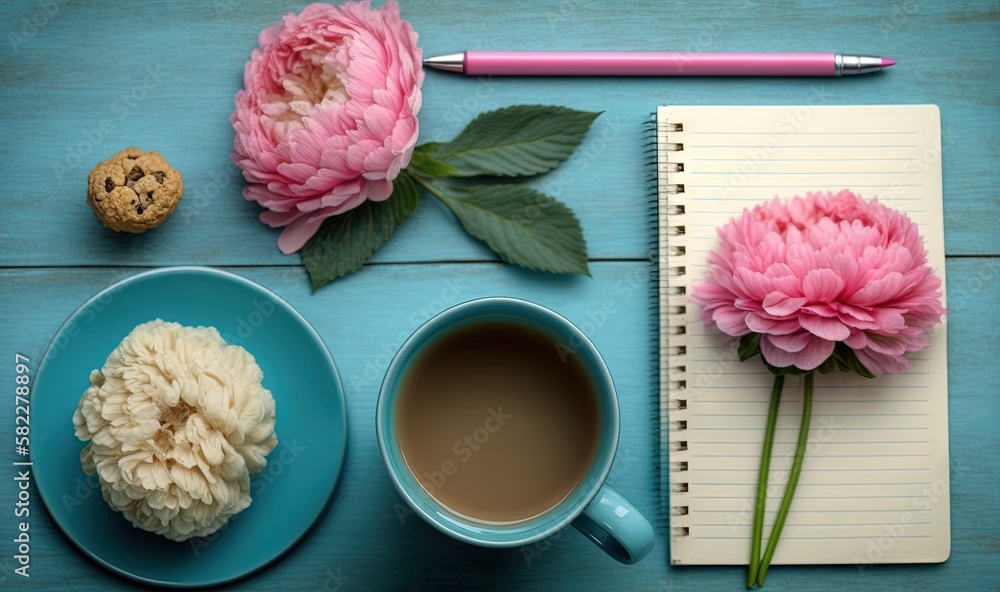  a cup of coffee and a pink flower on a blue wooden table next to a notebook and a cookie on a blue 