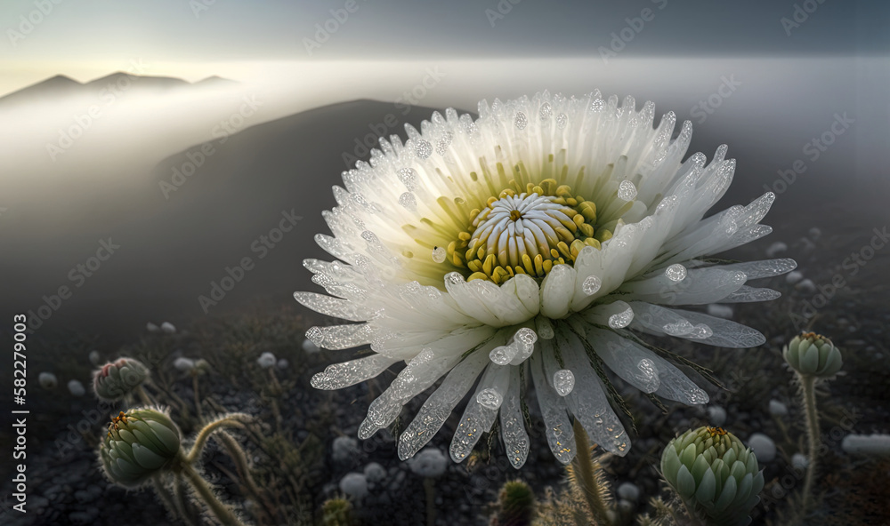  a large white flower with drops of water on its petals and a mountain in the background with fog i