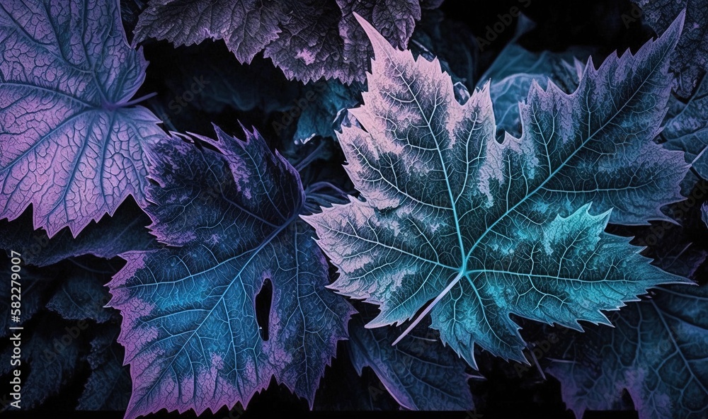  a bunch of leaves that are purple and green with a blue center on the middle of the leaf, and a gre