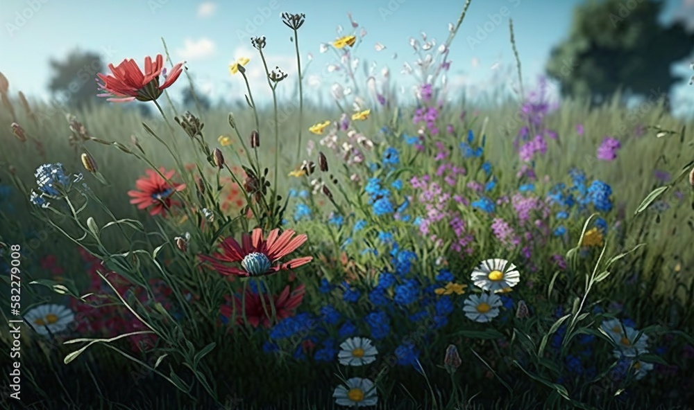  a painting of a field full of wildflowers and daisies with a blue sky in the back ground and trees 