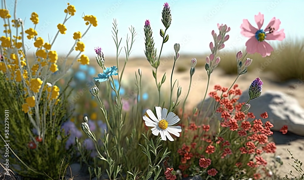  a bunch of flowers that are sitting in the dirt near some rocks and grass on a sunny day with a blu