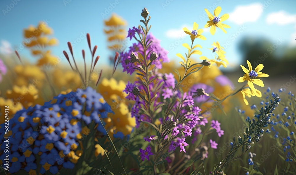  a bunch of flowers that are in a field of grass and flowers are in the foreground, and a blue sky i