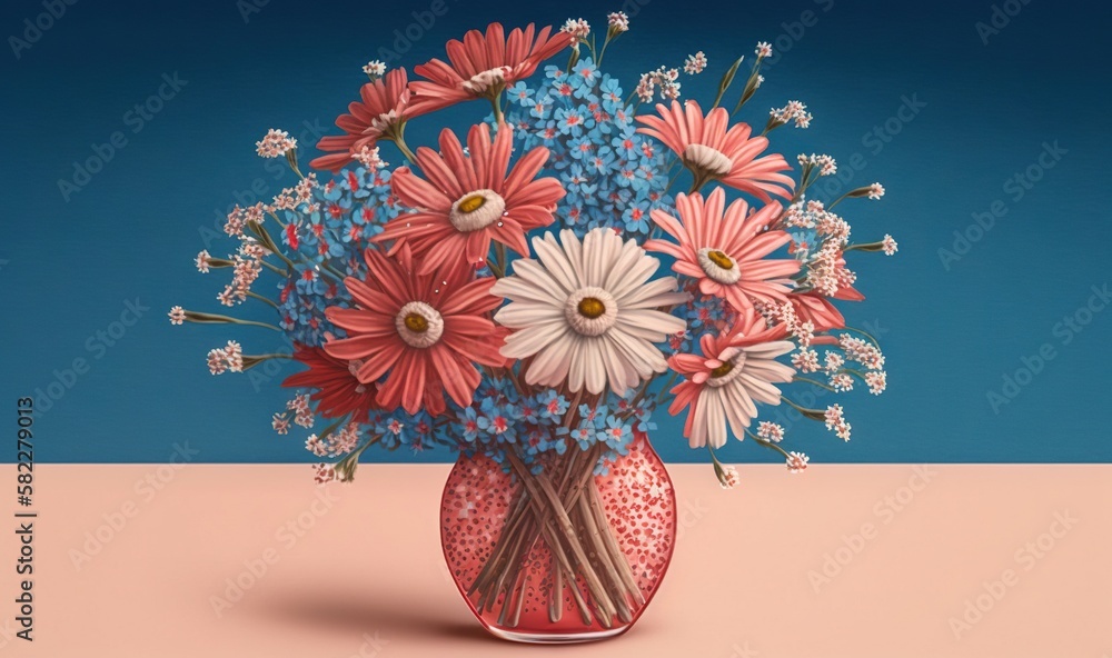  a painting of a vase filled with pink and white flowers on a pink tablecloth with blue and white fl