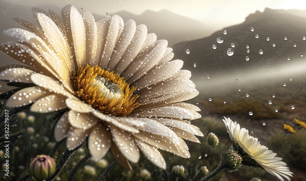  a large white flower with water droplets on its petals and a mountain in the background with a sun