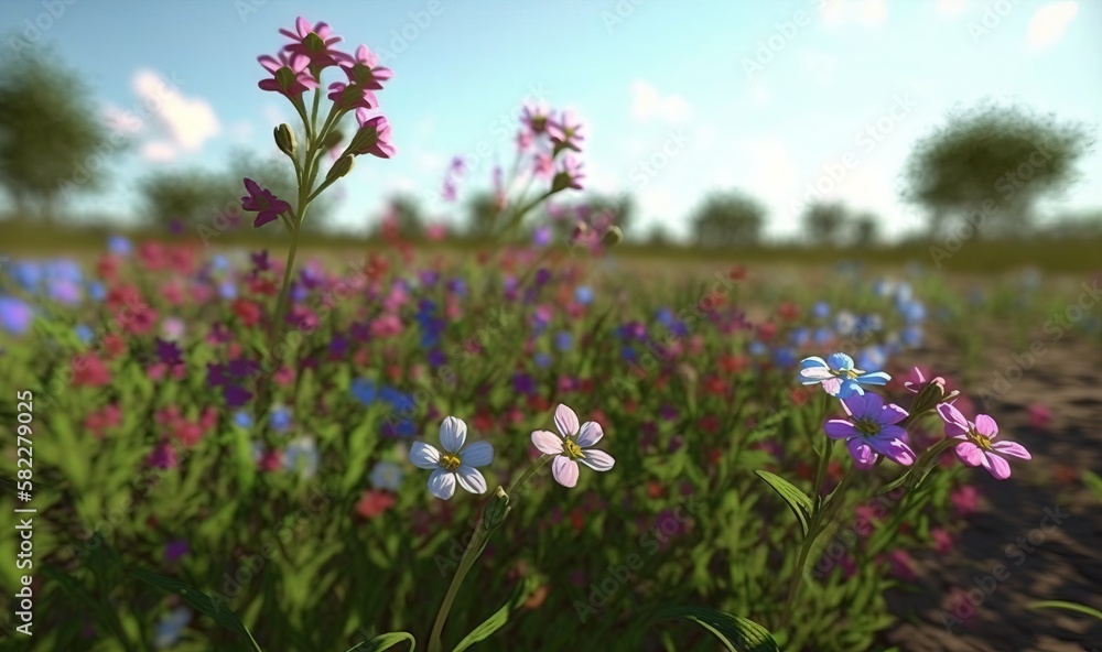  a field full of purple and blue flowers with trees in the background and a blue sky in the distance