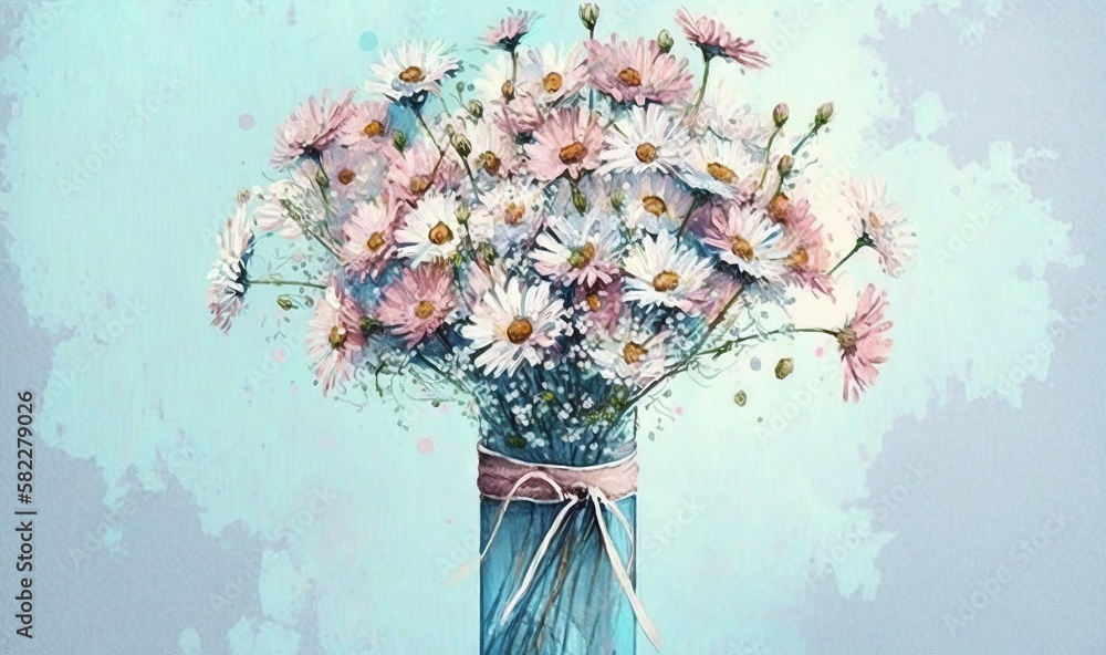  a painting of a blue vase with pink and white flowers in it on a blue background with a pink ribbon