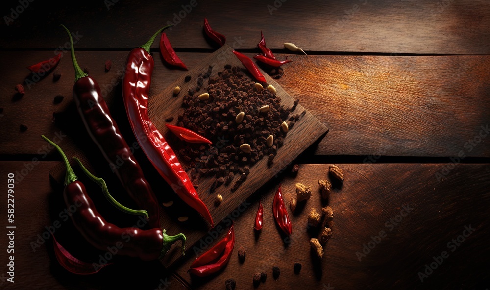  a wooden cutting board topped with lots of red peppers and chili peppers on top of a wooden table n