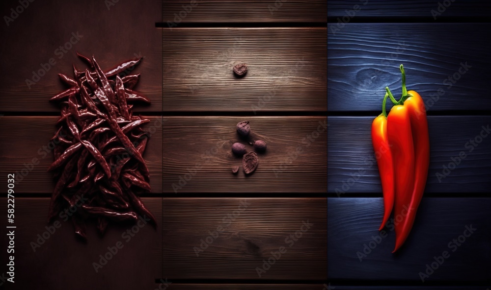  a red hot pepper next to a pile of garlic on a wooden table next to a red hot pepper on a wooden ta