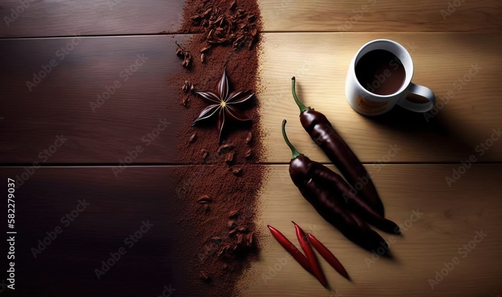  a cup of coffee and some chili peppers on a wooden table with a star shaped chili on top of the gro