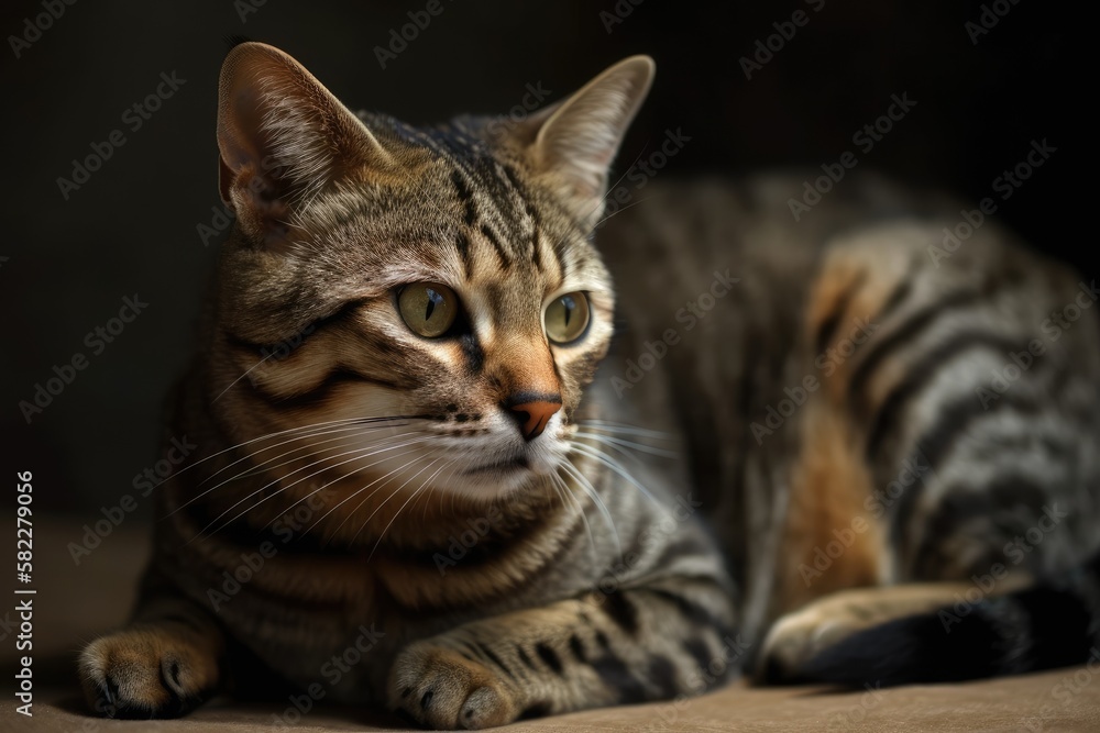 juvenile brown cat with stripes lying. Generative AI