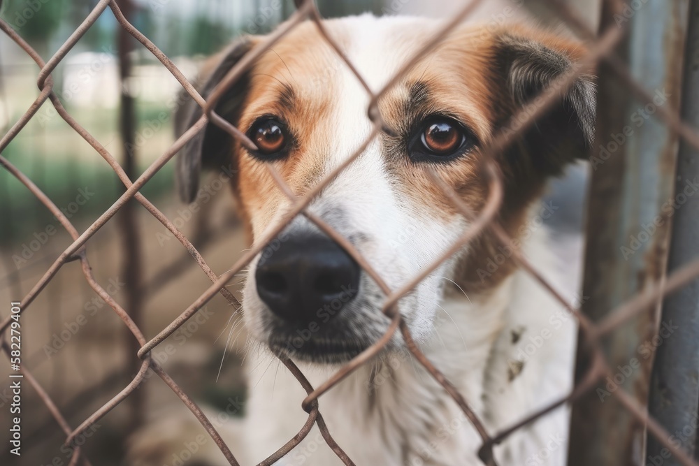 Dog left behind in the kennel or a homeless dog locked up at an animal shelter. Beyond the fence, a 