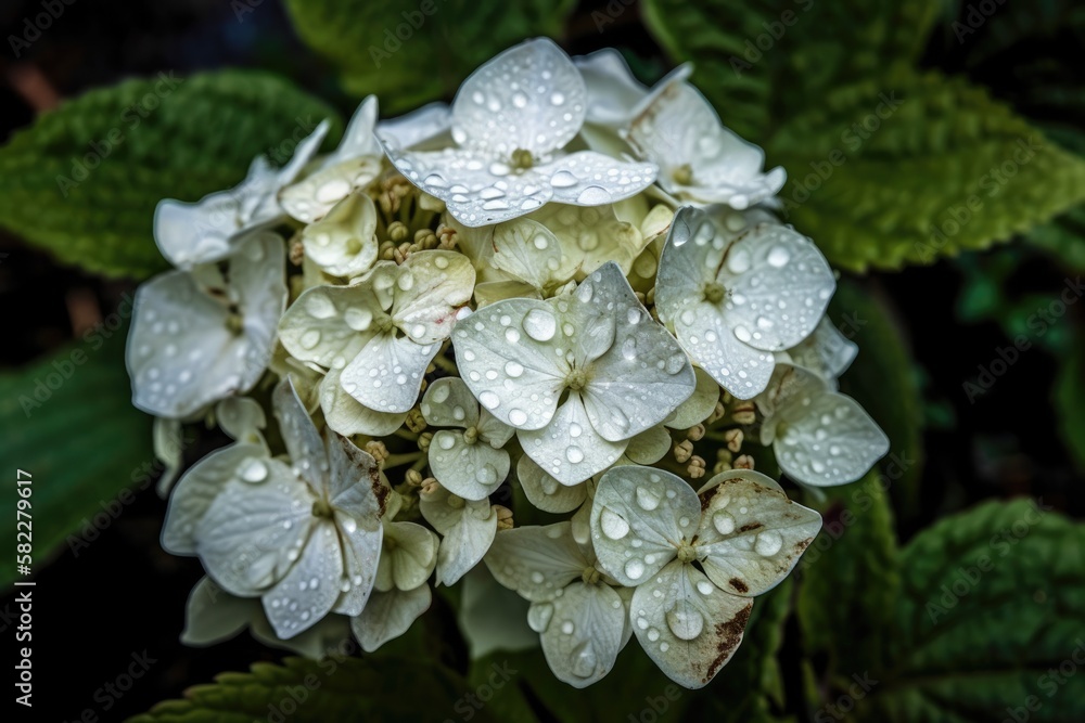 White hortensia blossoms captured in macro in a garden in the ancient town of Villa de Leyva, Colomb