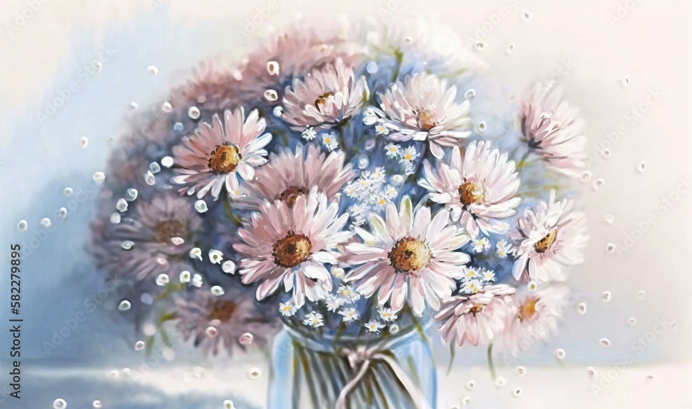  a painting of a bouquet of daisies in a glass vase with water droplets on the glass surface and a b