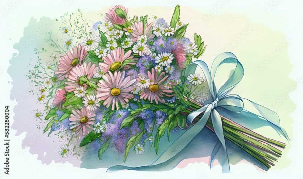  a painting of a bouquet of flowers with a blue ribbon on a white background with a watercolor stain