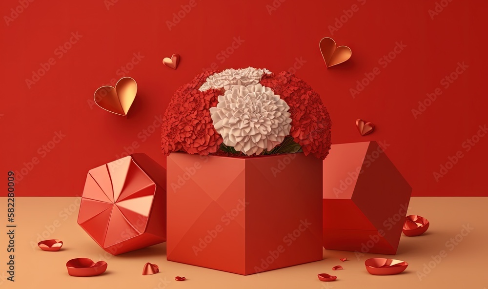  a red box with a white flower in it and hearts flying around it on a red surface with a red wall an