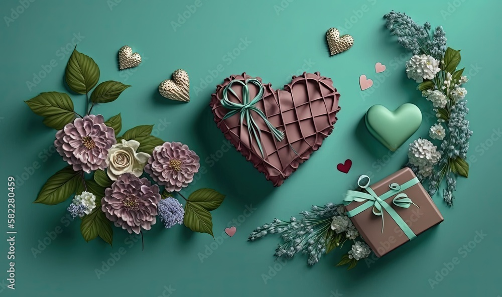  a heart shaped box surrounded by flowers and other decorations on a blue background with hearts and