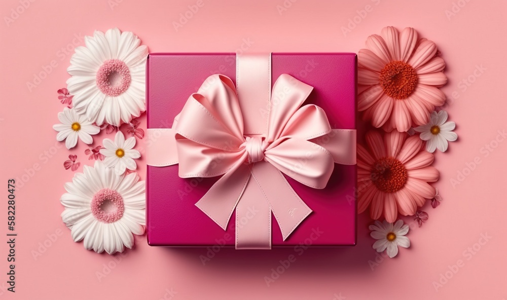  a pink gift box with a pink bow surrounded by daisies and daisies on a pink background with copy sp