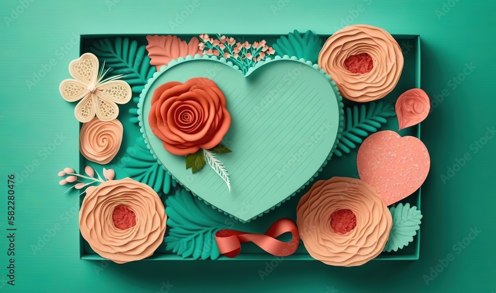  a heart shaped box with paper flowers and a ribbon on it, on a green background with butterflies an