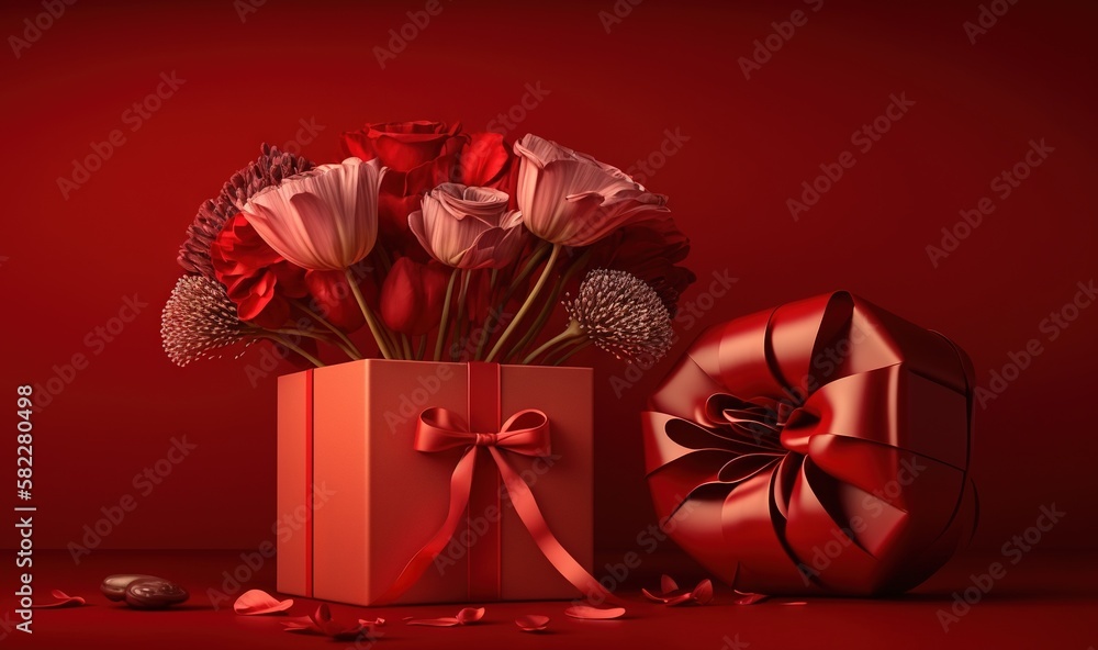  a red box with a bow and a bouquet of flowers in it next to a red box with a red bow and a chocolat